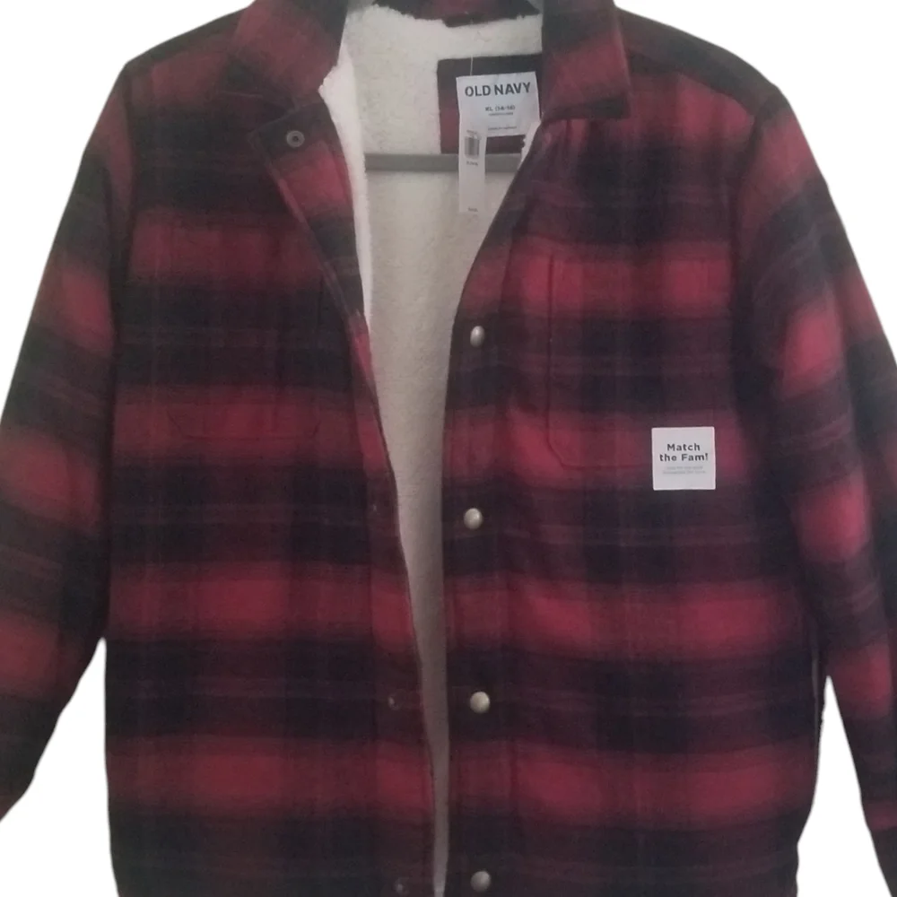 NWT Old Navy Boy's Plaid Flannel Sherpa Lined Jacket Red Buffalo Plaid X…